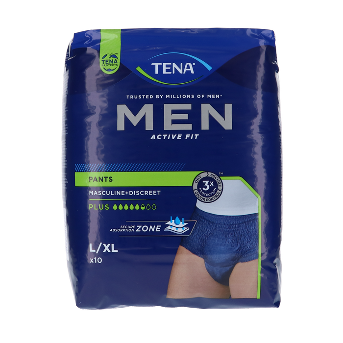 Afbeelding van Tena Men Active Fit Pants Plus, L/XL, 10 stuks in marineblauw met brede heupband.